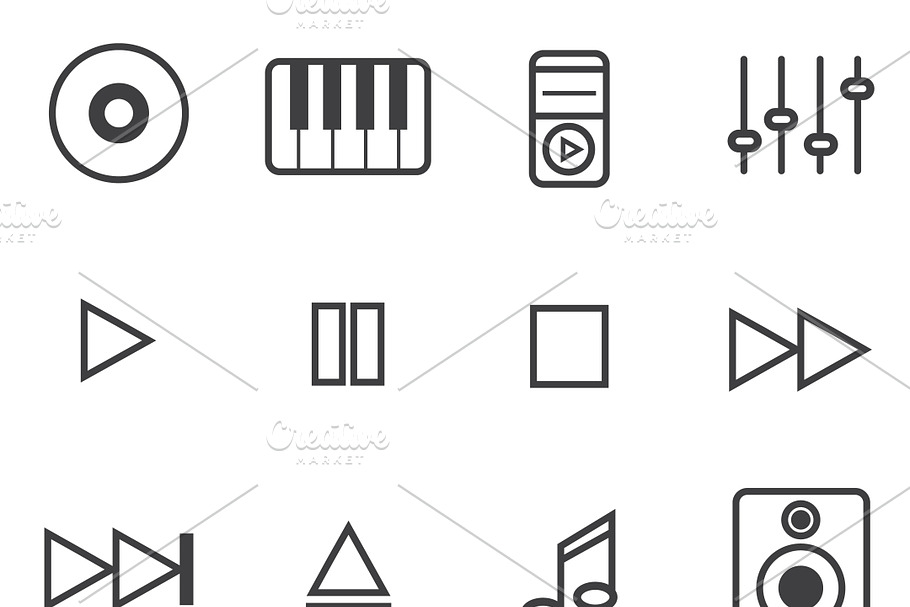 Music icons over white background.