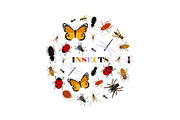 Flat insects vector icons in round
