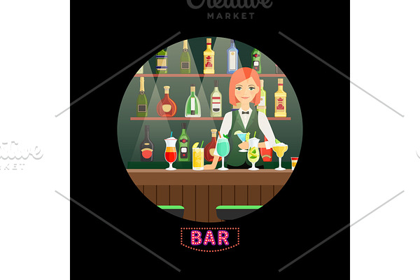 Bar and girl bartender vector round