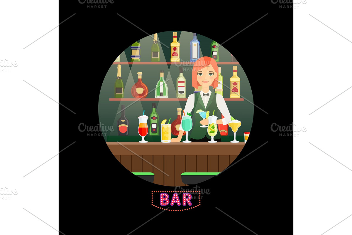 Bar and girl bartender vector round in Graphics - product preview 8