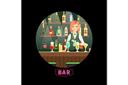 Bar and girl bartender vector round