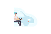 Man driving a car wearing virtual