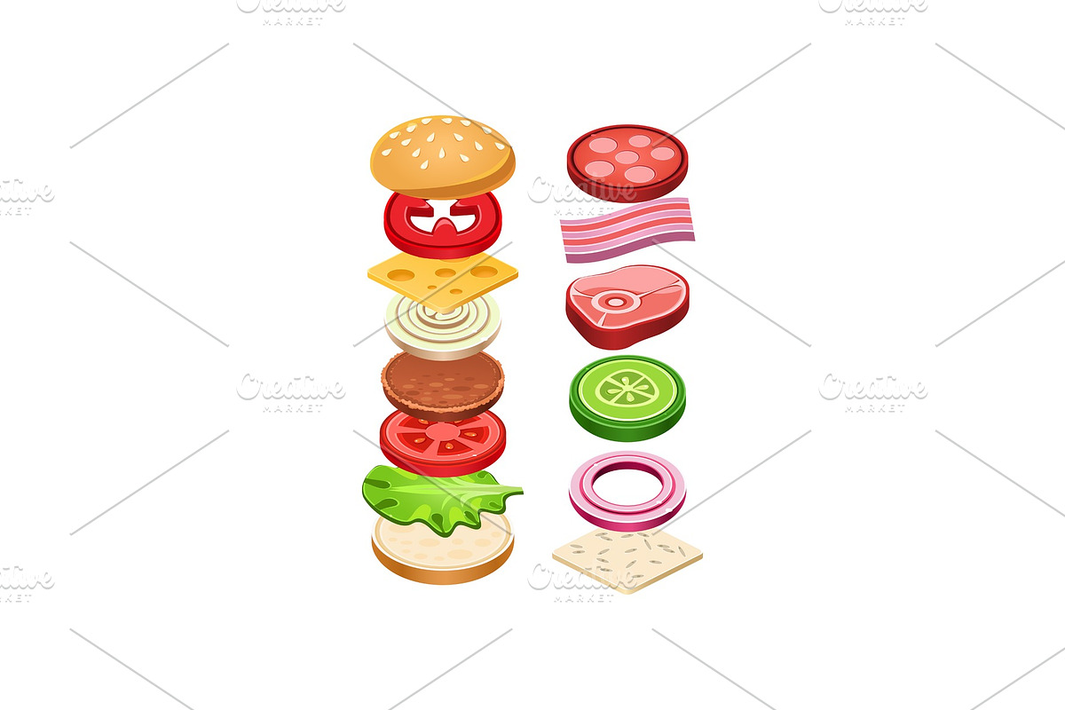 Burger with flying ingredients in Illustrations - product preview 8