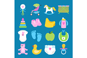 Babies vector set. Toys, clothes and