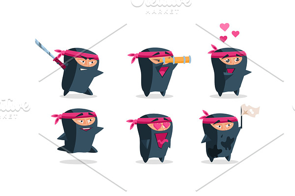 Flat vector set of funny ninja in