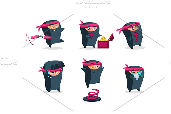 Flat vector set of funny ninja in
