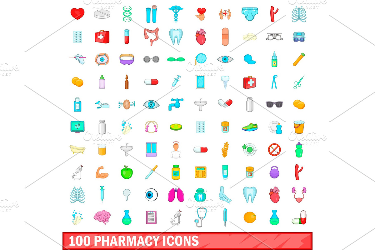 100 pharmacy icons set, cartoon in Objects - product preview 8