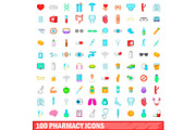 100 pharmacy icons set, cartoon