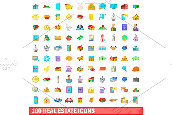 100 real estate icons set, cartoon
