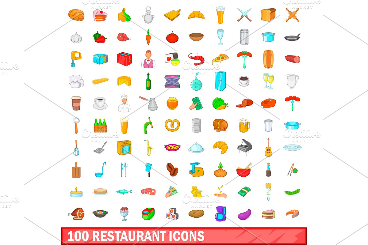 100 restaurant icons set, cartoon in Illustrations - product preview 8