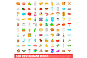 100 restaurant icons set, cartoon