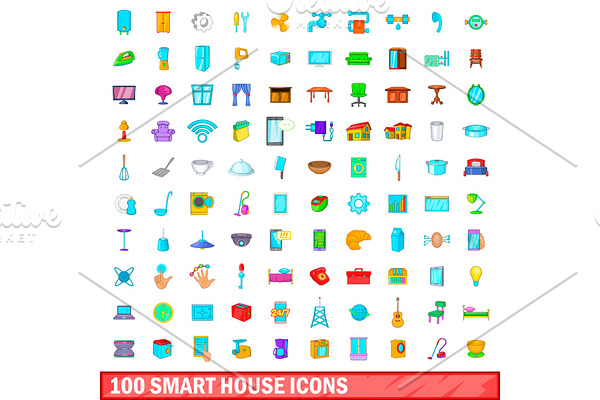 100 smart house icons set, cartoon