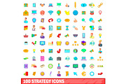 100 strategy icons set, cartoon