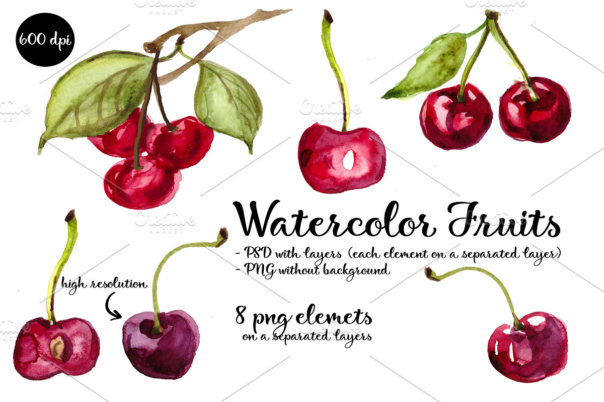 watercolor cherry. berries in Illustrations - product preview 8