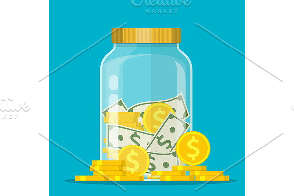 Money Jar. Saving dollar coin in jar