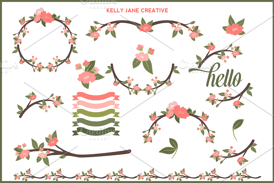 Blossoms Branches & Ribbons Vector