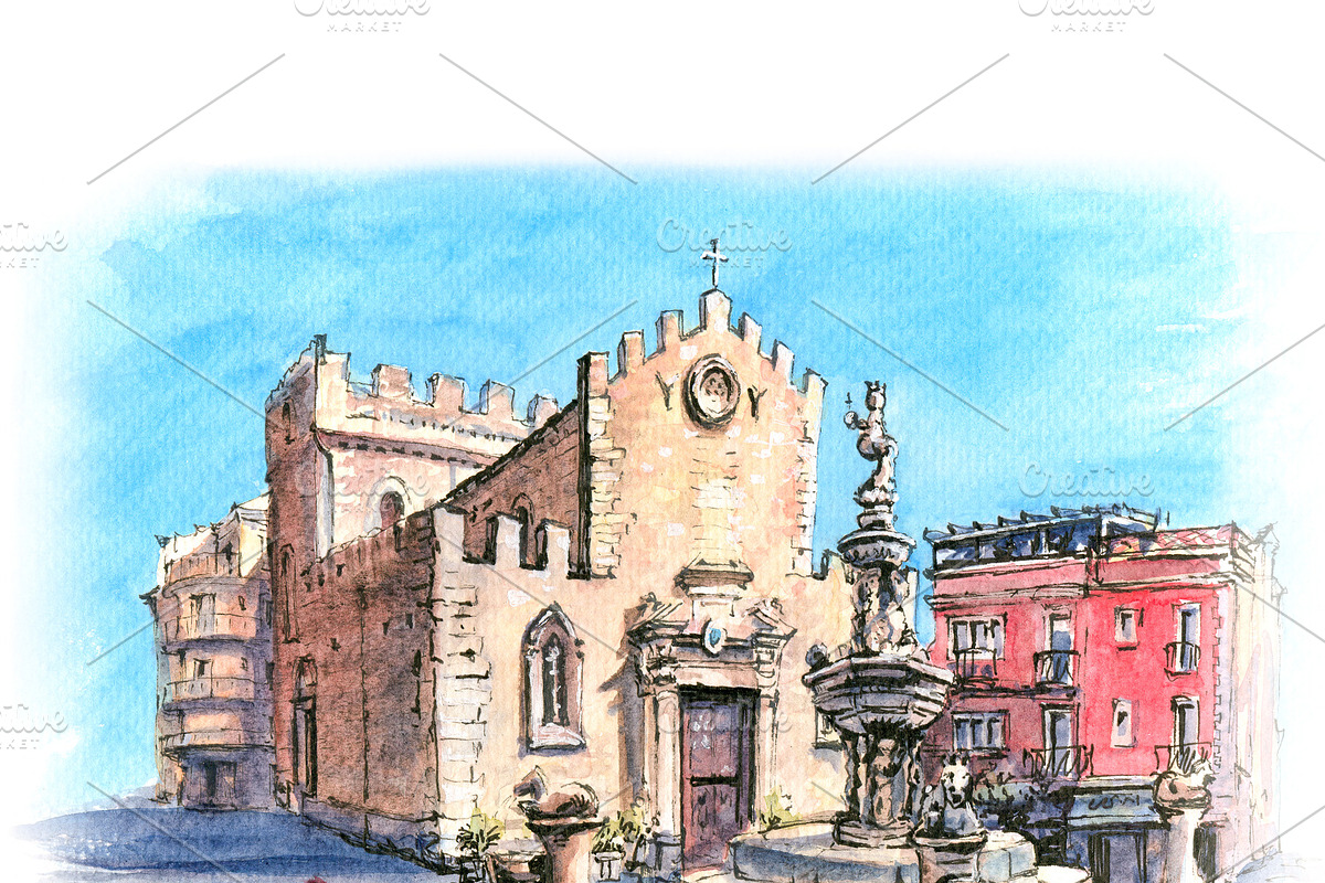 Piazza Duomo in Taormina, Sicily in Illustrations - product preview 8