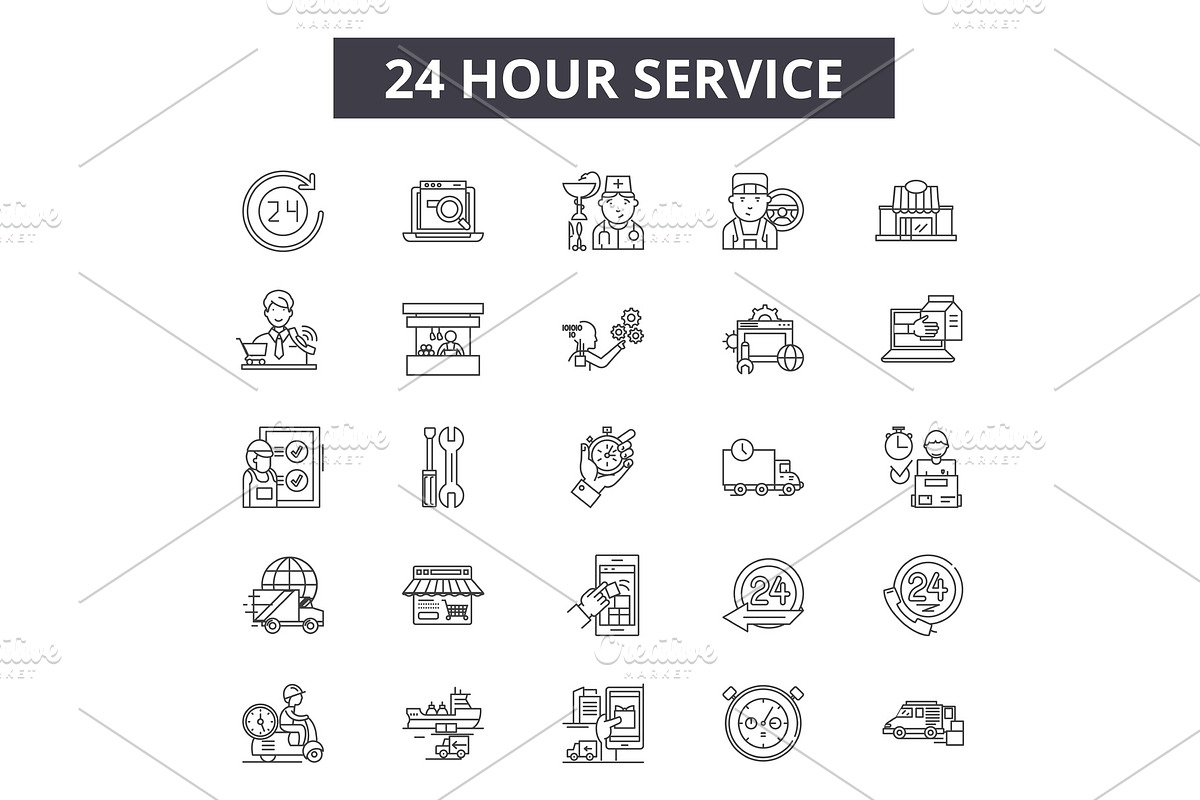 24 hour services line icons in Illustrations - product preview 8