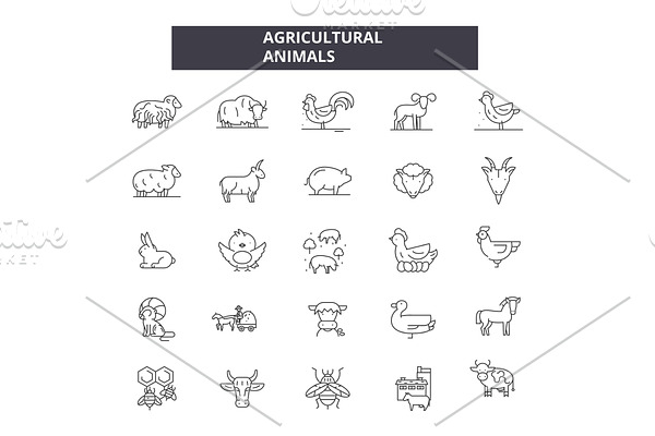 Agricultural animals line icons