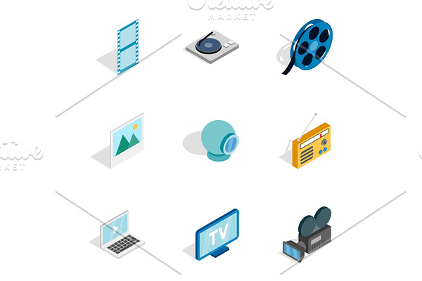 Audio and video icons, isometric 3d