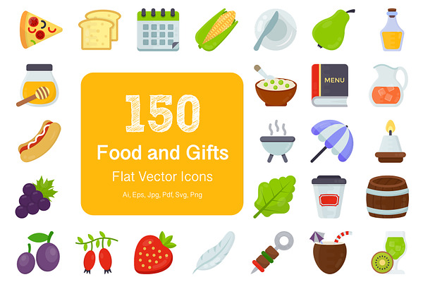 150 Flat Food and Gifts Vector Icons