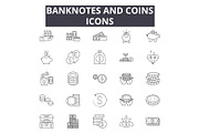 Banknotes and coins line icons for