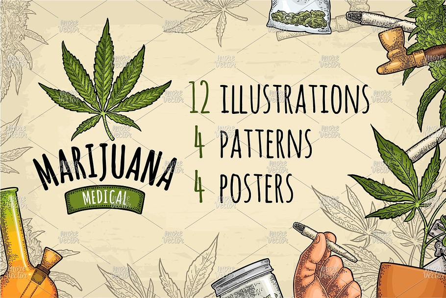 Set posters Engraving Marijuana in Illustrations - product preview 8