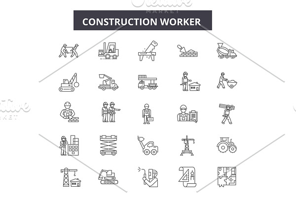 Construction worker line icons for