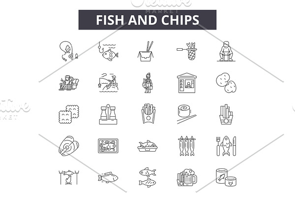 Fish and chips line icons for web
