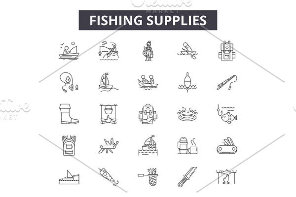 Fishing supplies line icons for web