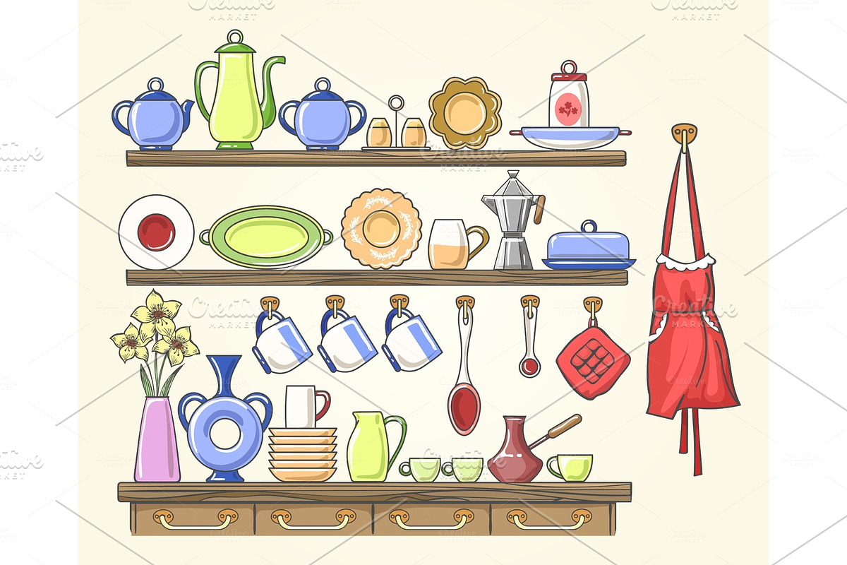 Cooking shelf with vintage dishes in Objects - product preview 8