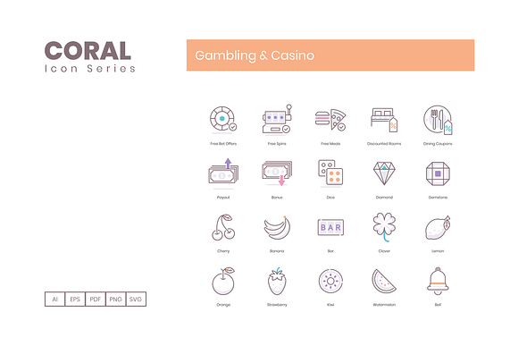 95 Gambling Casino Icons | Coral in Video Game Icons - product preview 3