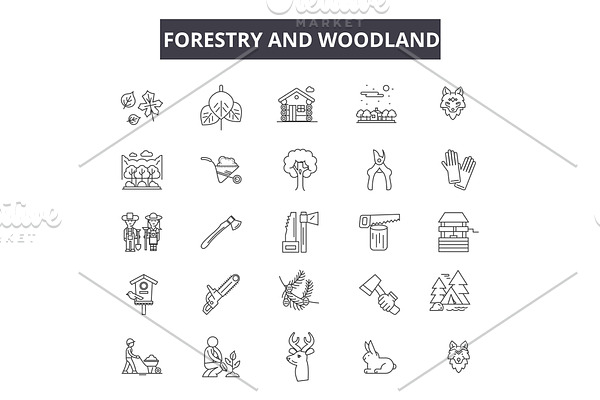 Forestry and woodland line icons for