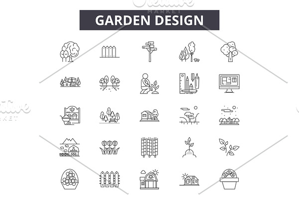 Garden design line icons for web and