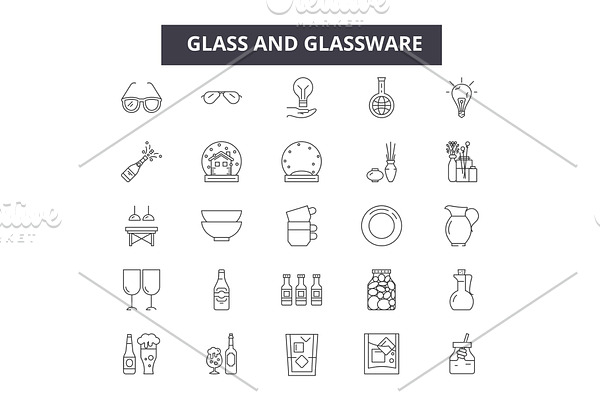 Glass and glassware line icons for