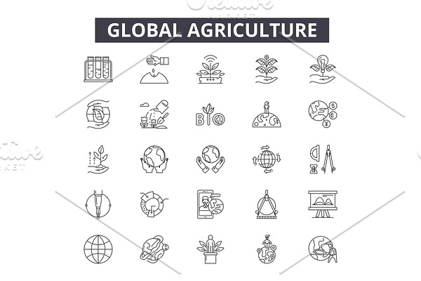 Global agriculture line icons for