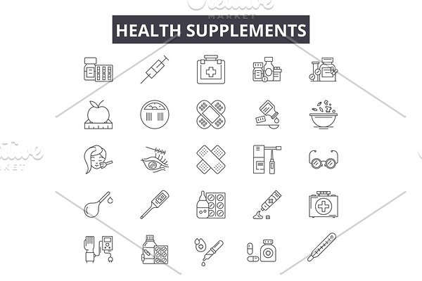 Health supplements line icons for