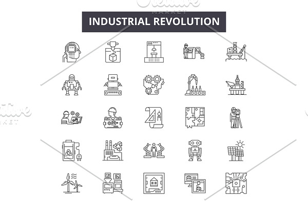 Industrial revolution line icons for