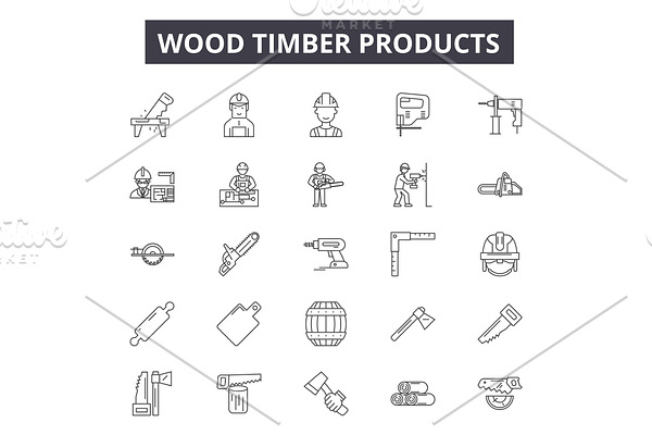 Wood timber products line icons for