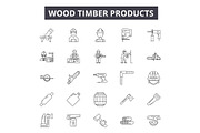 Wood timber products line icons for
