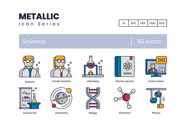 55 Science Icons | Metallic Series