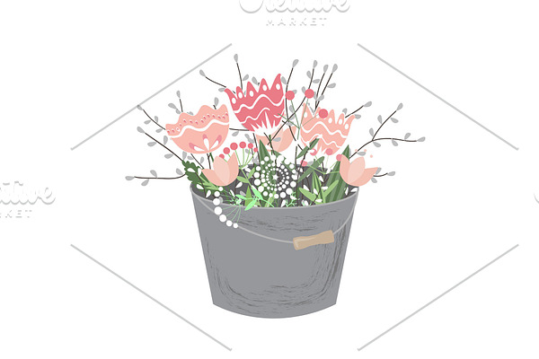 Bouquet of spring flowers in bucket