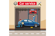 Car service station concept, cartoon