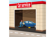 Car service garage concept, cartoon