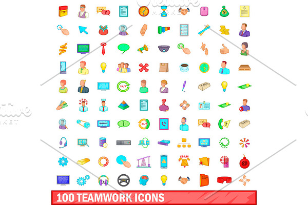 100 teamwork icons set, cartoon