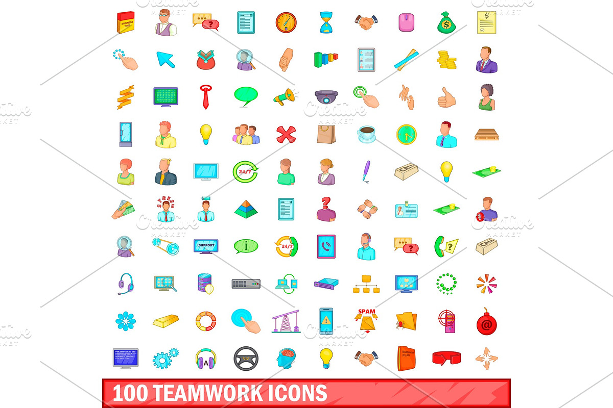 100 teamwork icons set, cartoon in Illustrations - product preview 8