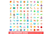 100 teamwork icons set, cartoon