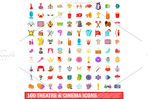100 theatre and cinema icons set