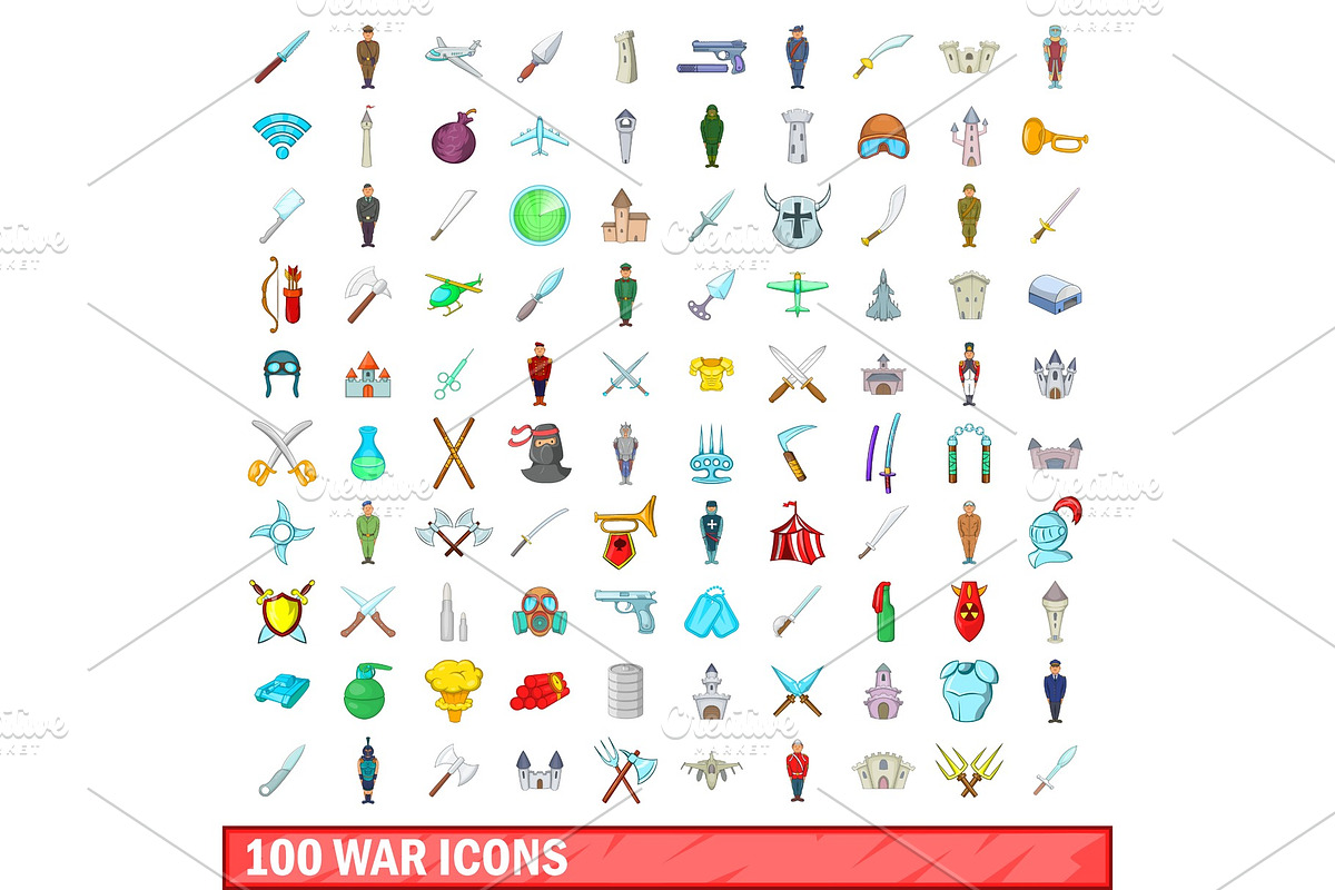 100 war icons set, cartoon style in Illustrations - product preview 8