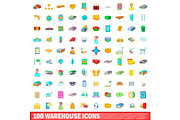 100 warehouse icons set, cartoon